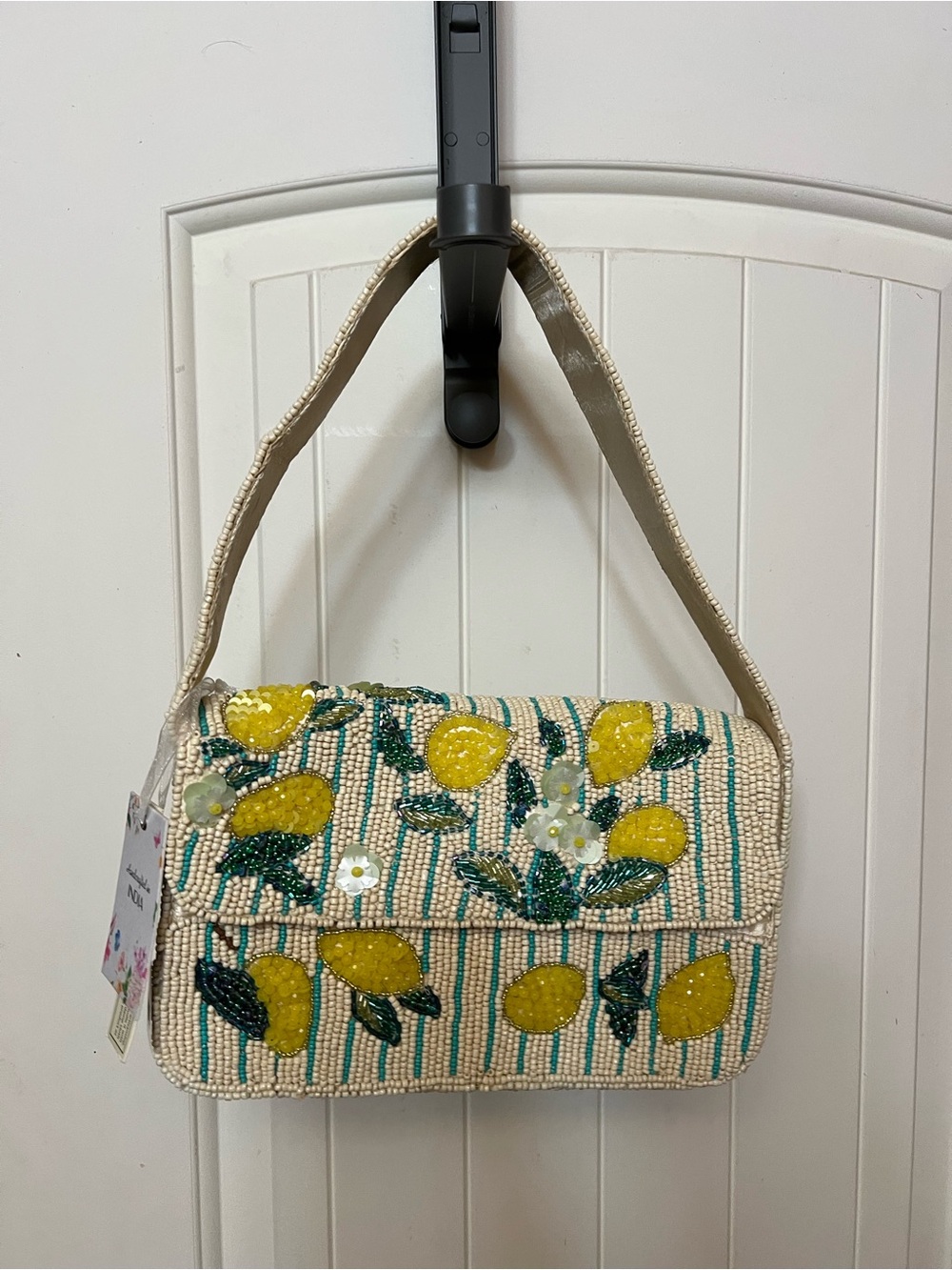 VIRAL TIK TOK Yellow Lemon and Leaves Beaded Shoulder Bag Cream Colored